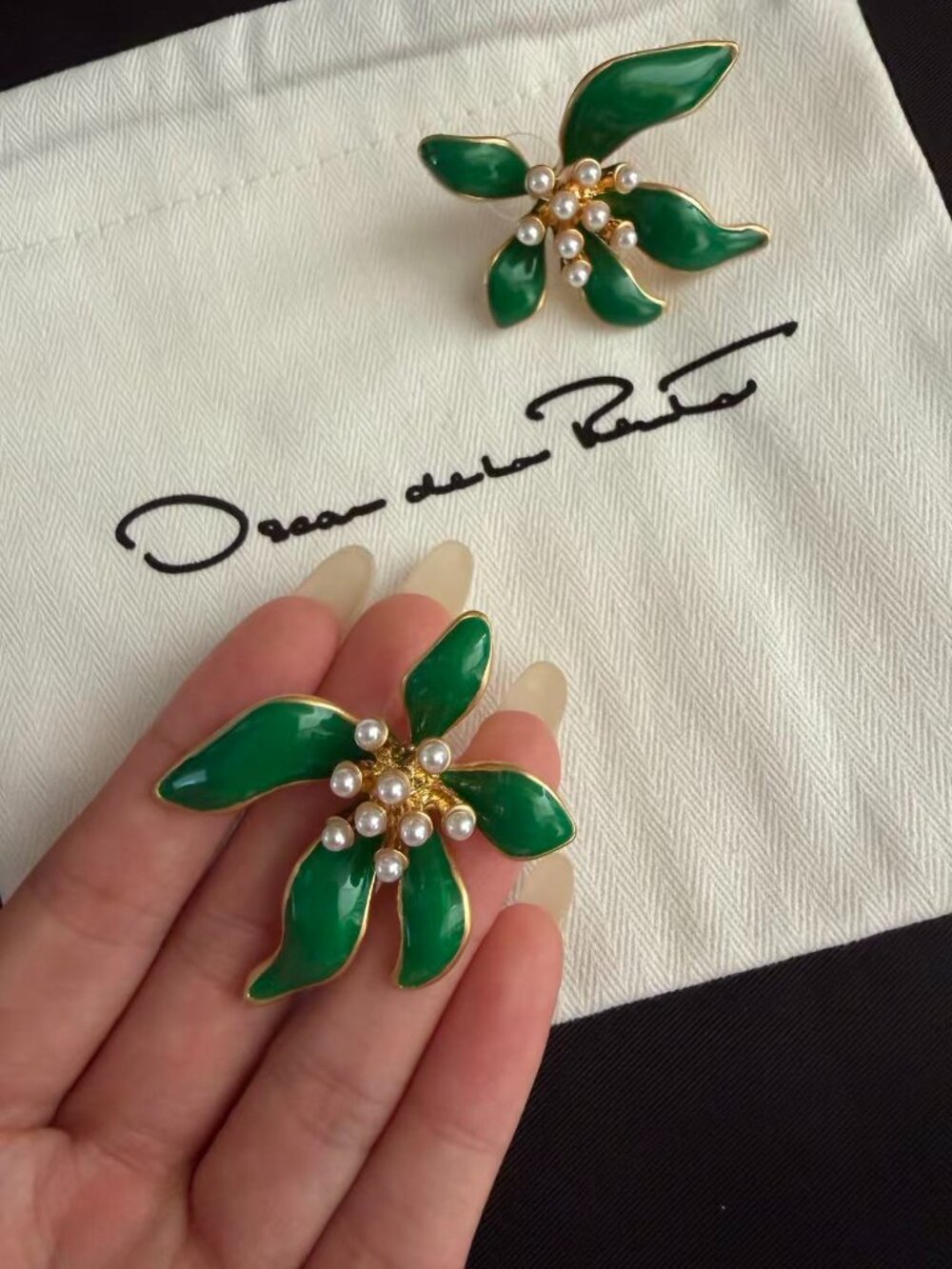 Oscar de la Renta Green Enamel Pearl Floral Statement Earrings